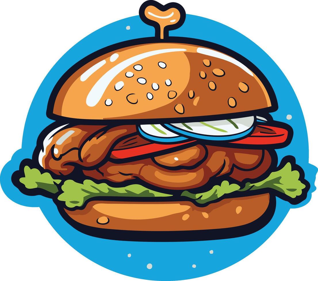 A cartoon illustration of a delicious looking burger with all the fixings vector