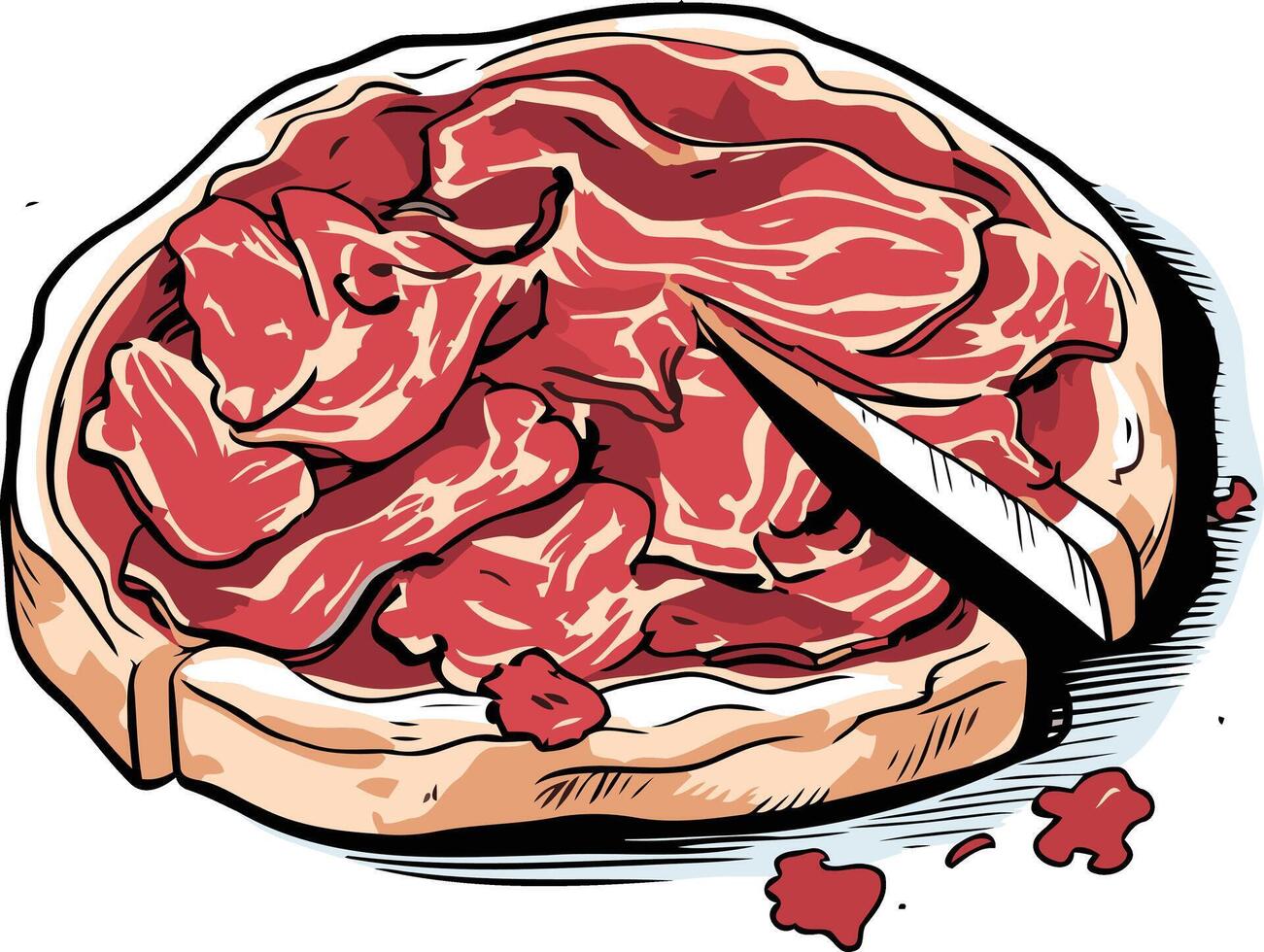 A humorous cartoon illustration of a steak sliced open with a knife, showing the red meat inside vector