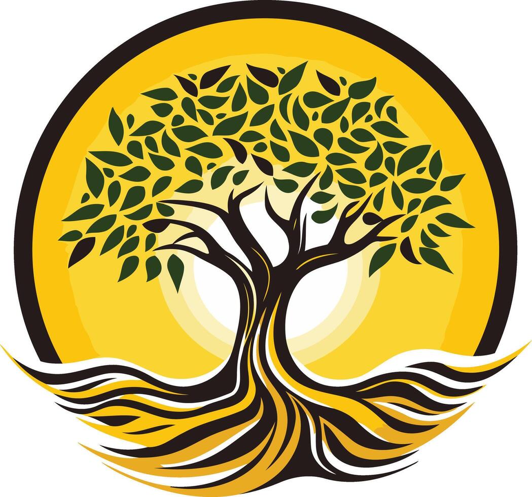 Stylized tree logo with a sun and roots, perfect for environmental, nature, or growth related businesses vector