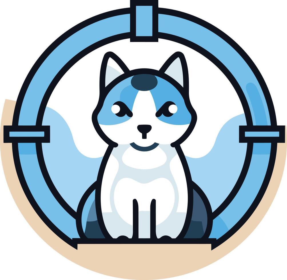 Cute cartoon cat with blue eyes and a playful expression, peeking through a round window with a target like frame vector