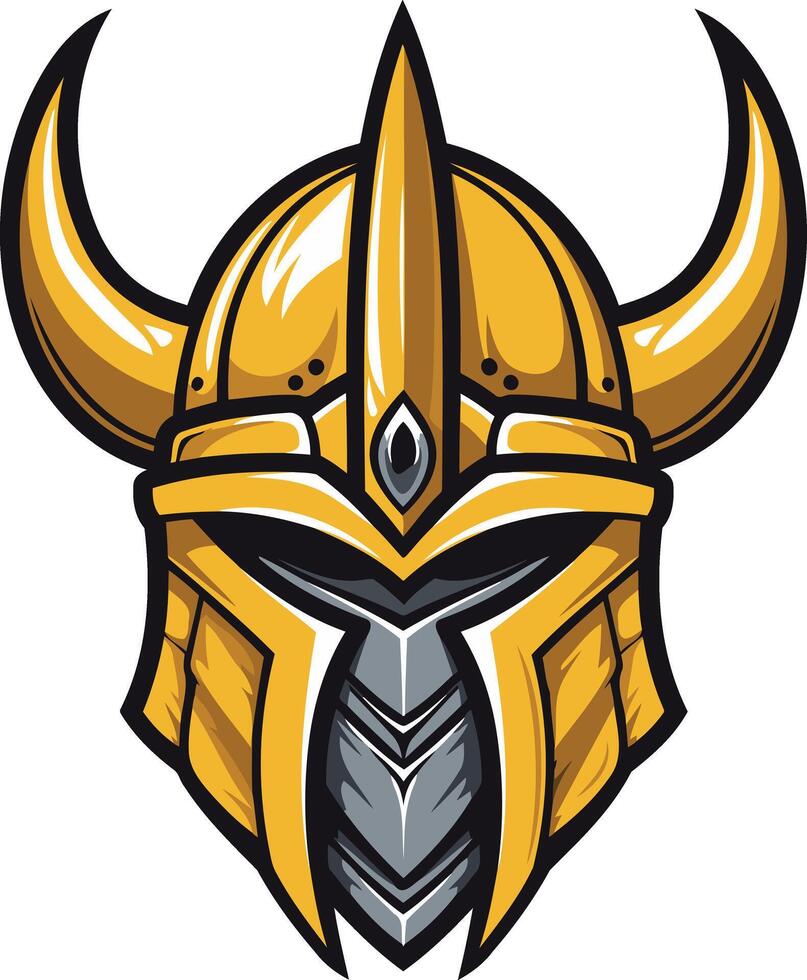A bold and graphic illustration of a fierce warrior's helmet with horns vector