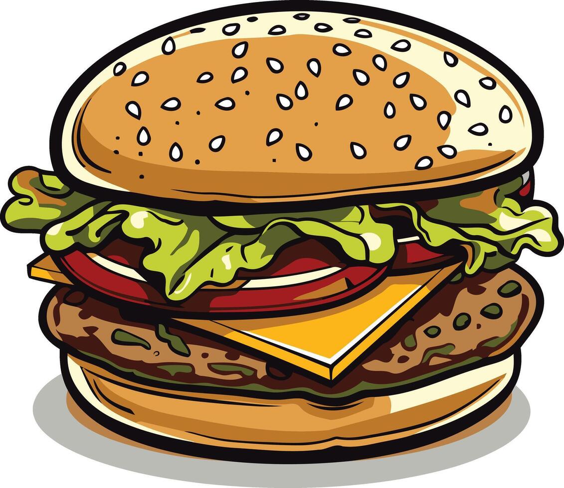 A delicious cartoon burger with lettuce, tomato, cheese, and a sesame seed bun vector