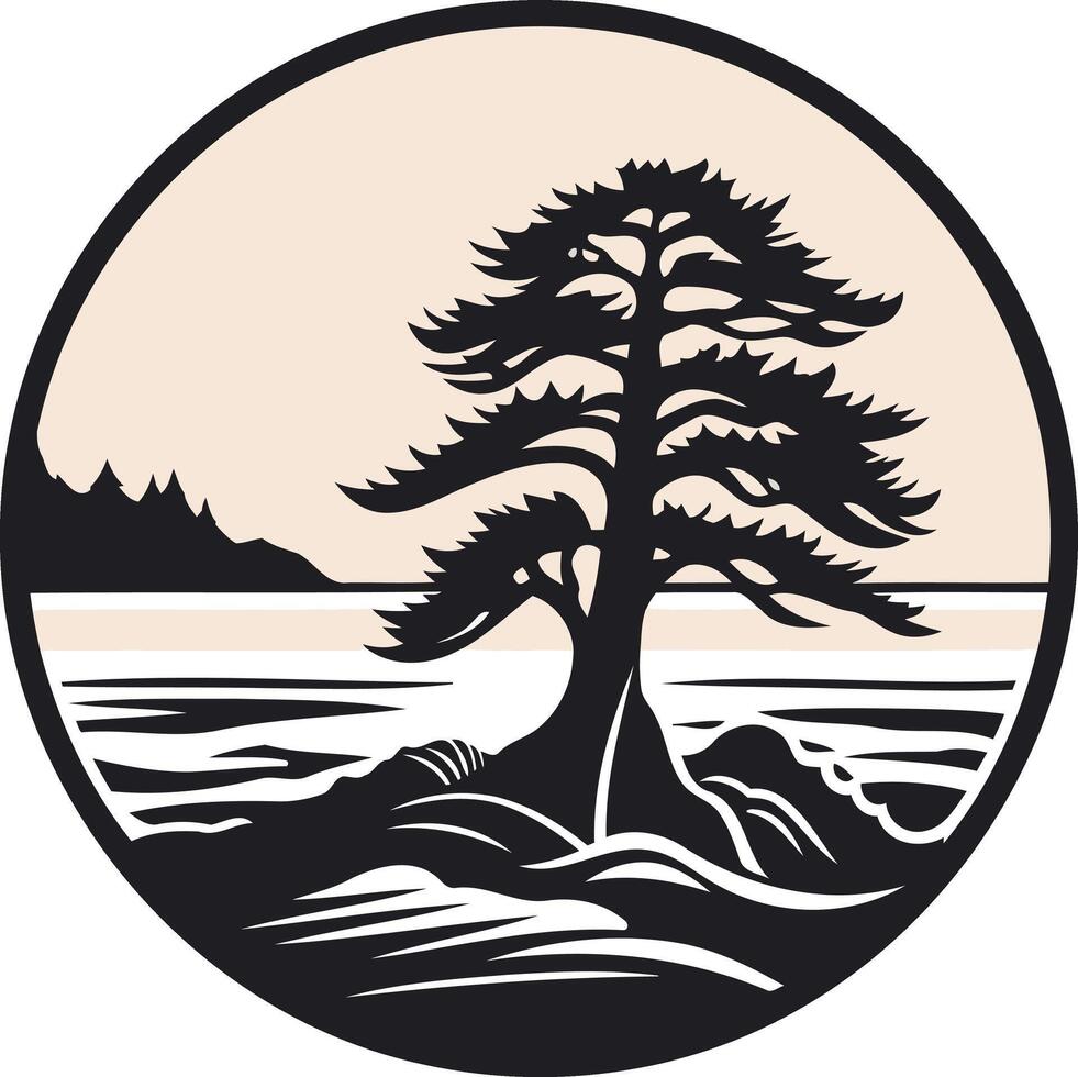 A minimalist, circular design featuring a lone pine tree silhouette against a stylized seascape vector
