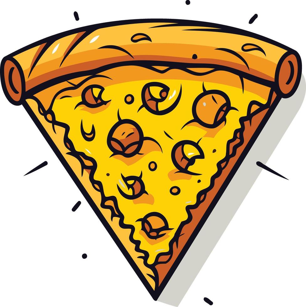 A cartoon illustration of a delicious pizza slice with cheese and toppings vector