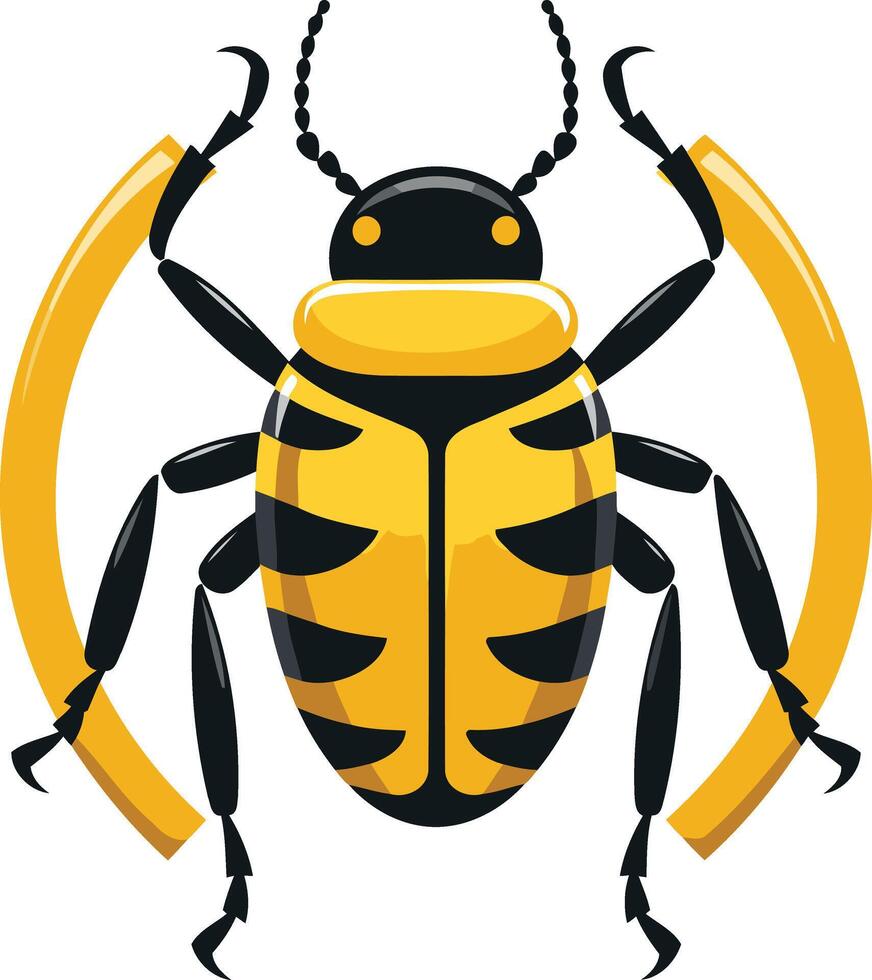 A stylized, cartoon like yellow and black beetle with a bold design, perfect for logos, branding, or illustrations for kids, nature, and environmental themes vector