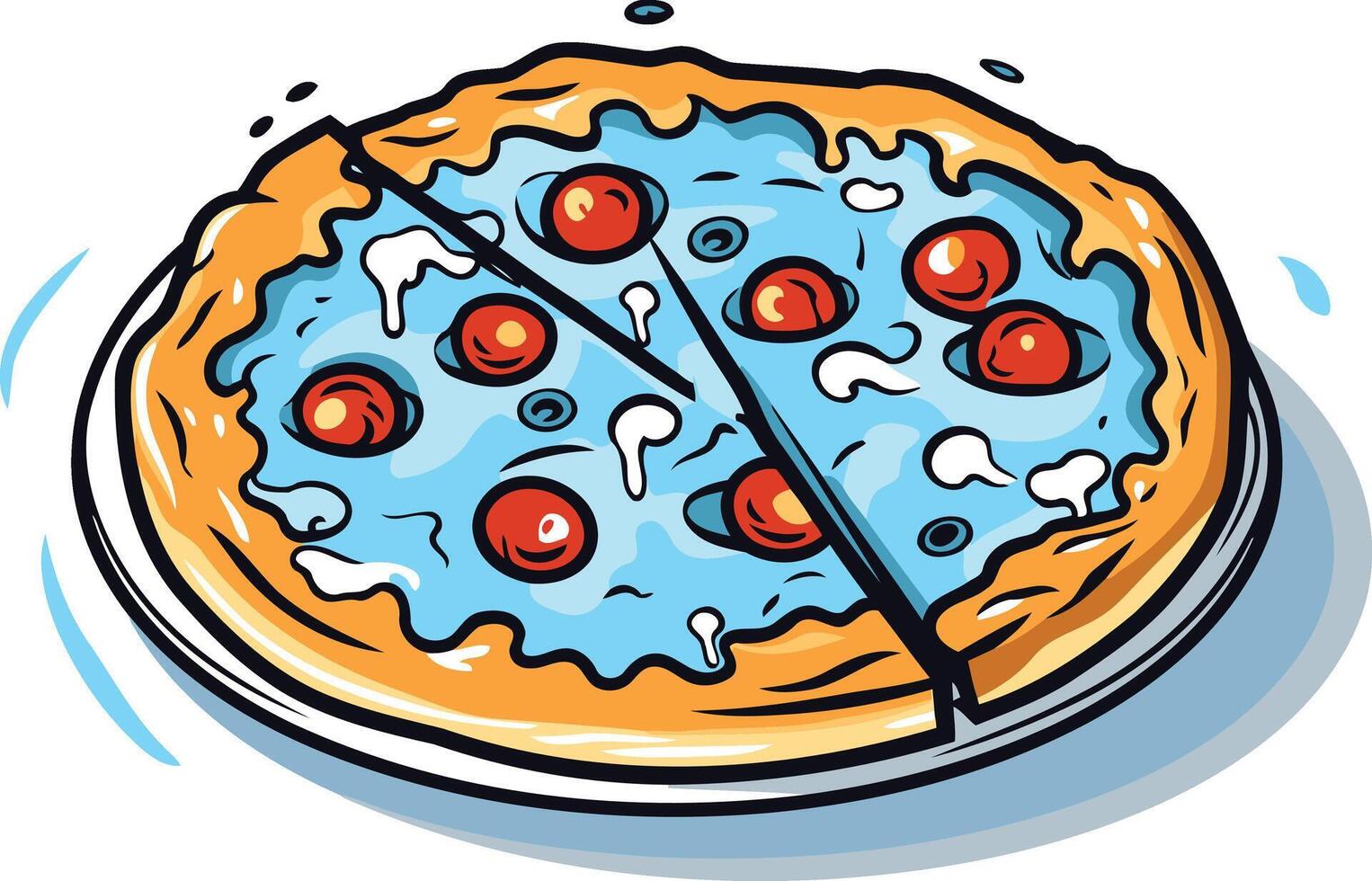 Cartoon illustration of a blue cheese pizza with a slice removed vector