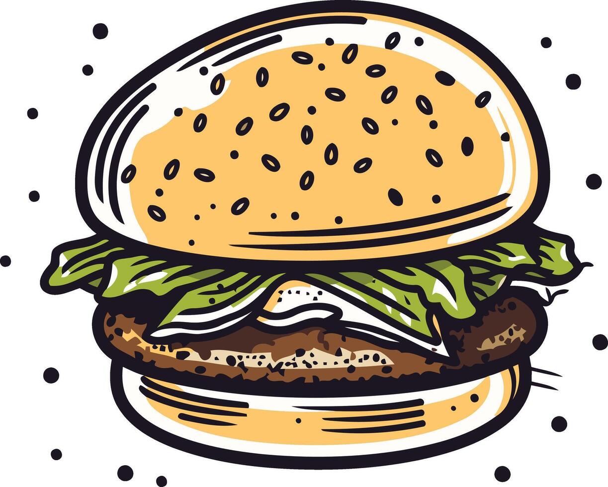 A juicy, cartoon style hamburger with a sesame seed bun, lettuce, and a meat patty vector