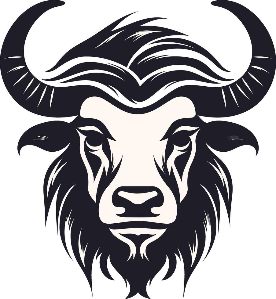 Black and white illustration of a bull's head with sharp horns, perfect for logo design, branding, or t shirt graphics vector