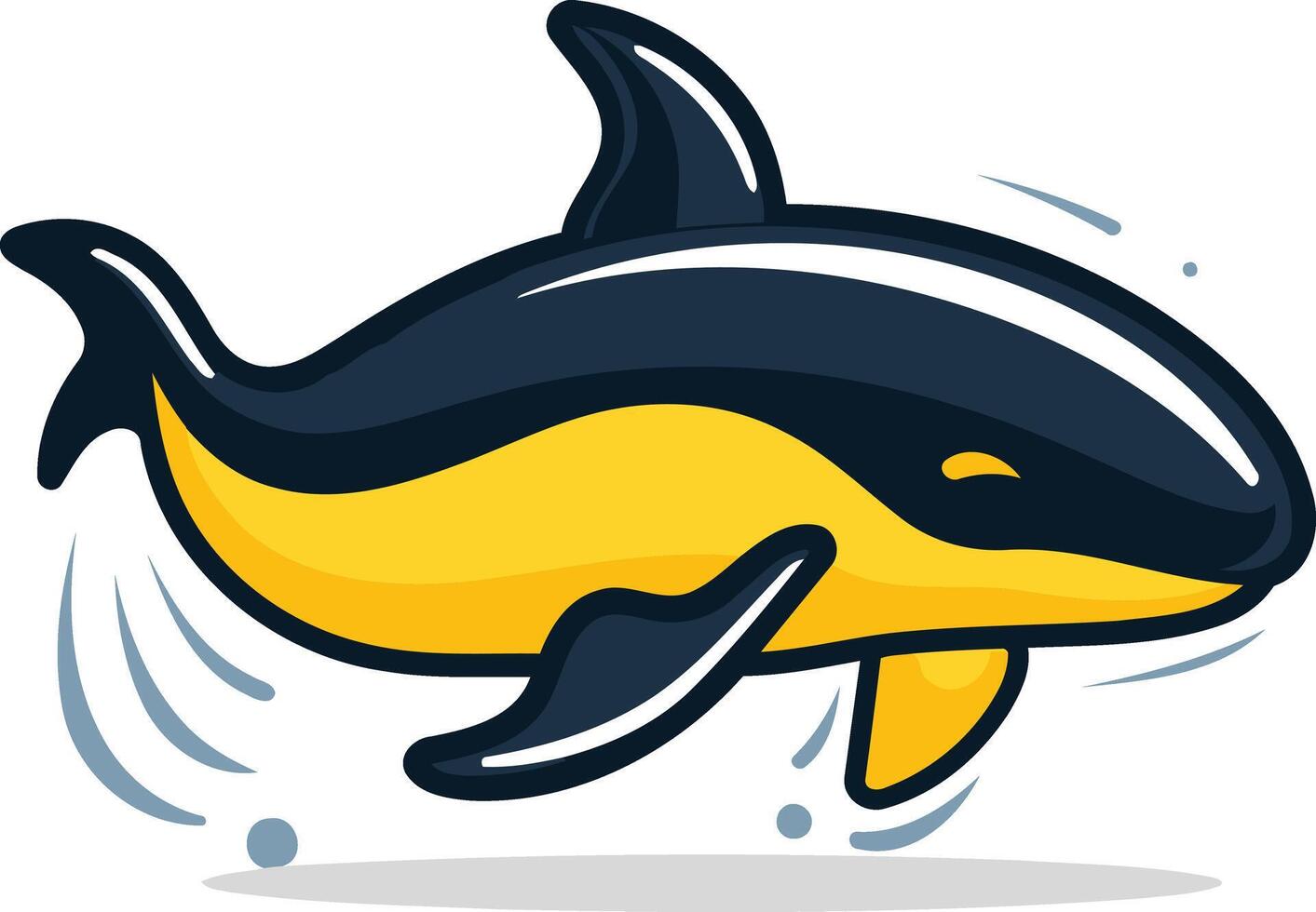A cute and cartoonish illustration of a dolphin jumping out of the water, with a yellow belly and black back vector