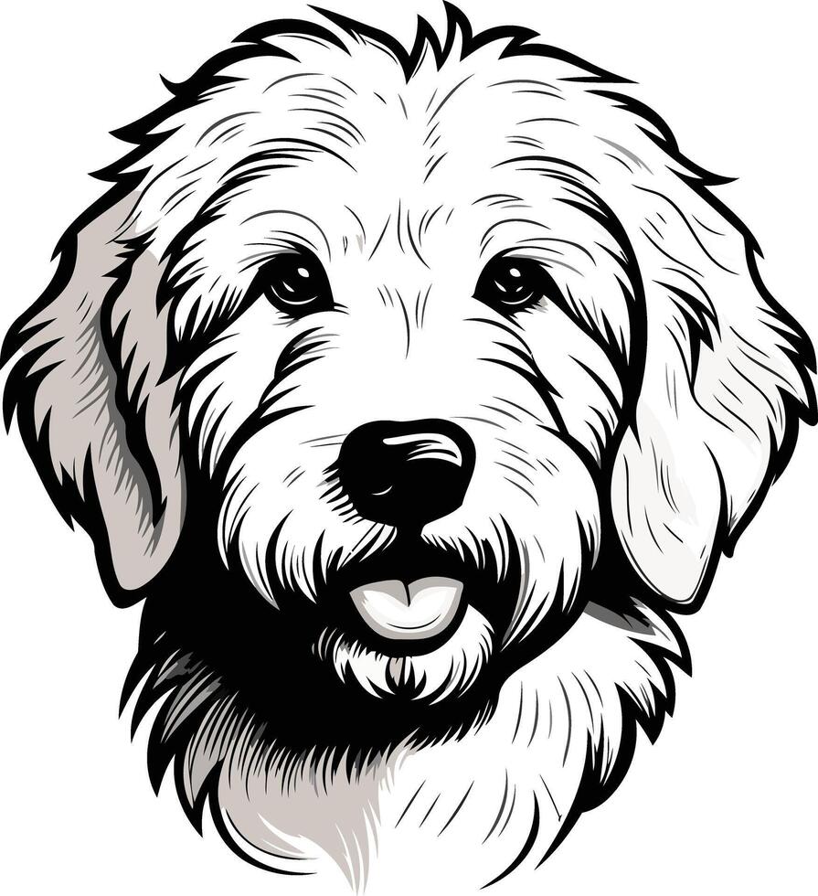 A charming black and white illustration of a fluffy dog, with a friendly expression and wagging tongue vector