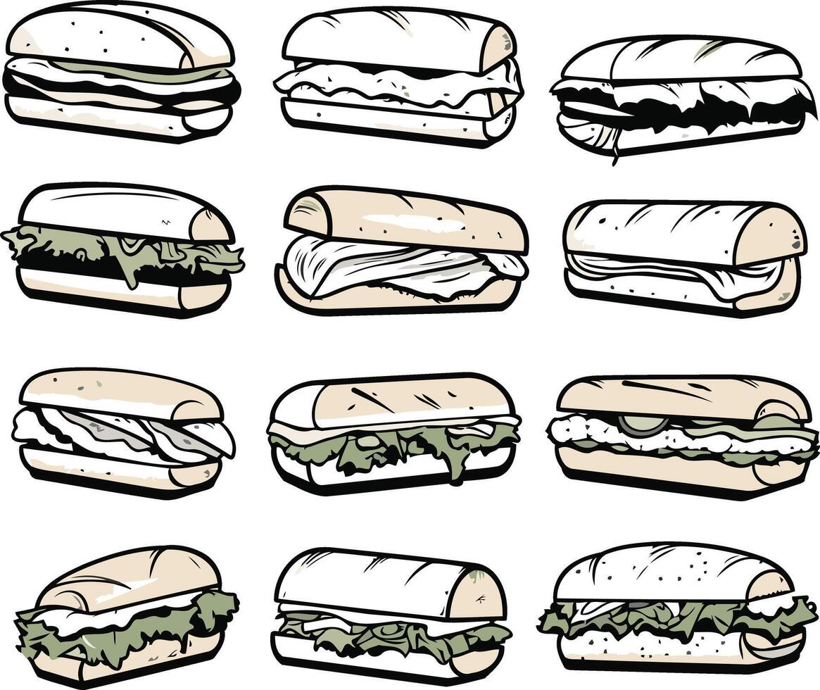 Set of 9 hand drawn sandwich illustrations, perfect for menus, food blogs, or recipe websites vector