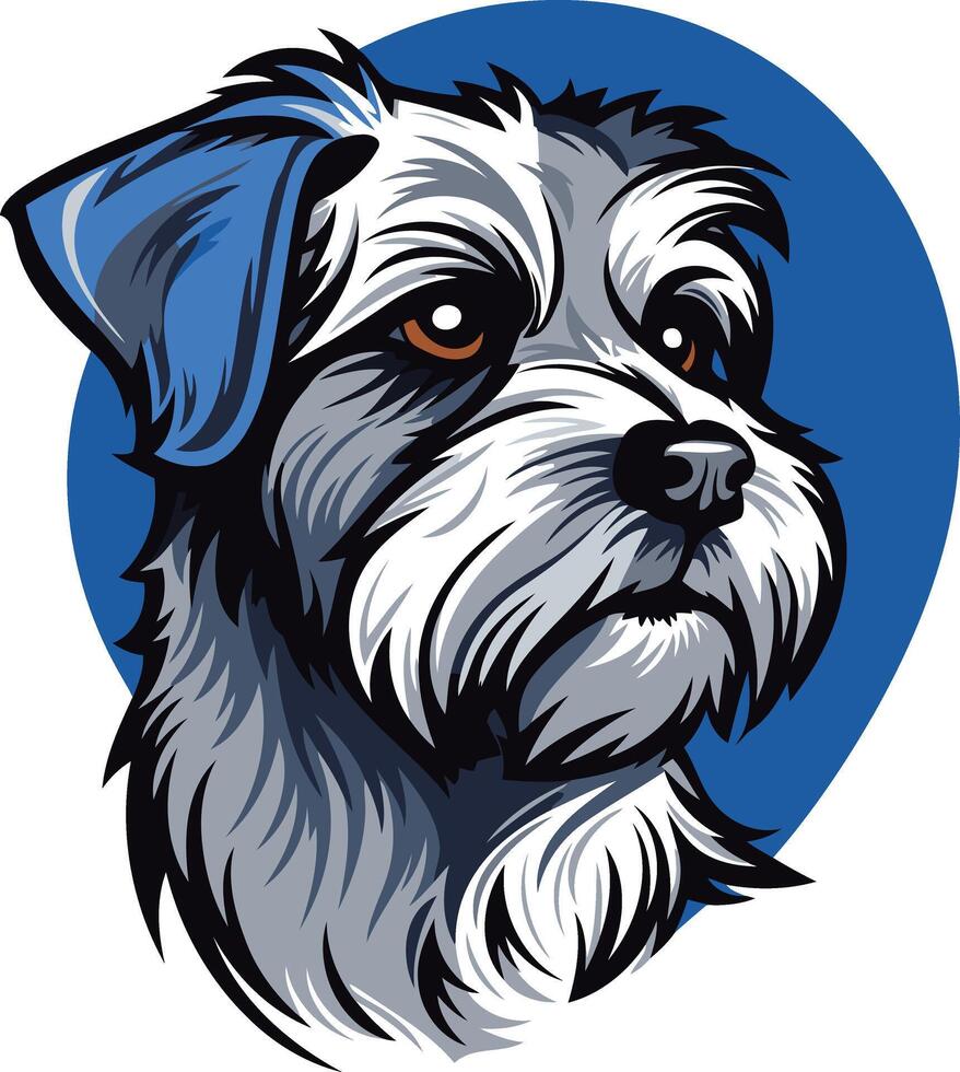A charming, cartoon style illustration of a scruffy, small dog with a blue ear vector
