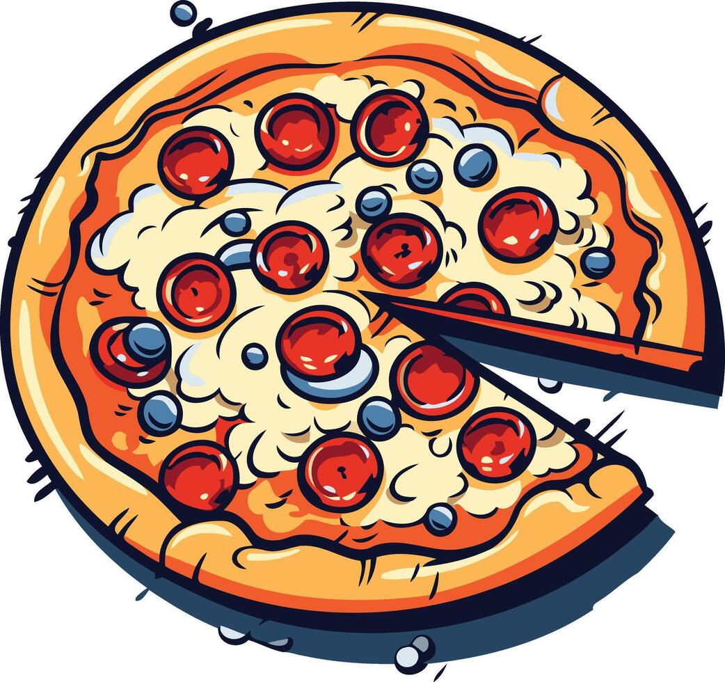Cartoon pizza with a slice removed, perfect for food blogs, menus, and social media posts vector