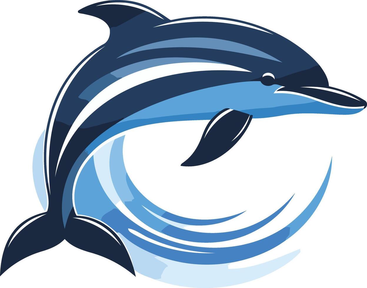 A stylized dolphin leaps out of a blue wave, creating a dynamic and playful logo design vector
