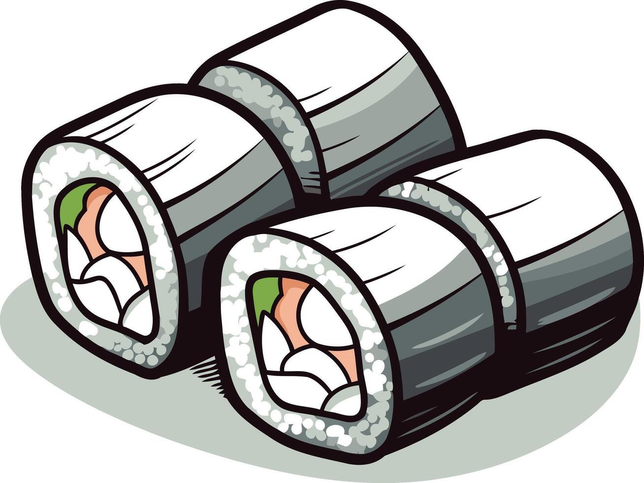A cartoon illustration of three sushi rolls, featuring a delicious looking cross section of rice, seaweed, and filling vector