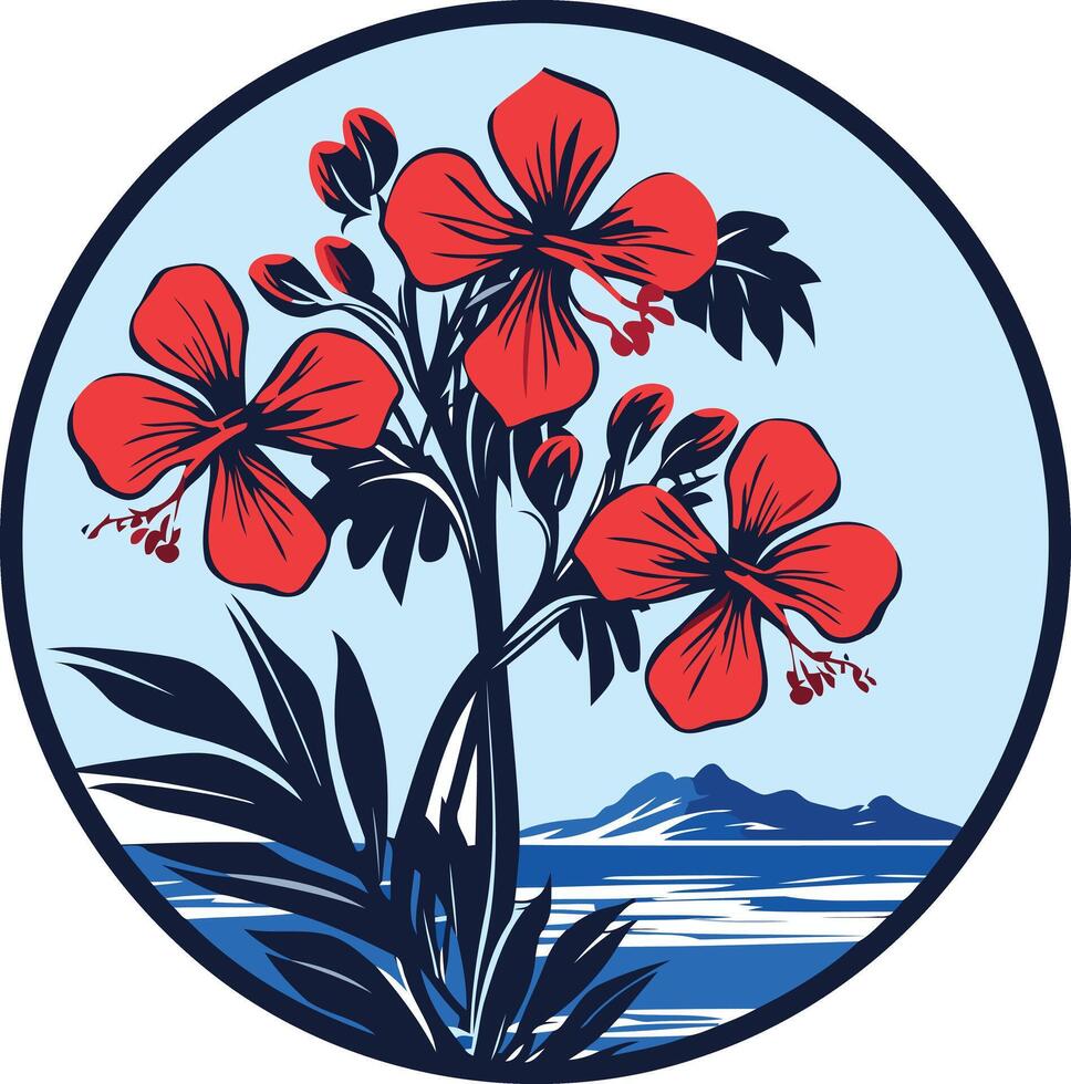 A circular design featuring a vibrant red hibiscus flower with a blue background and water scene vector