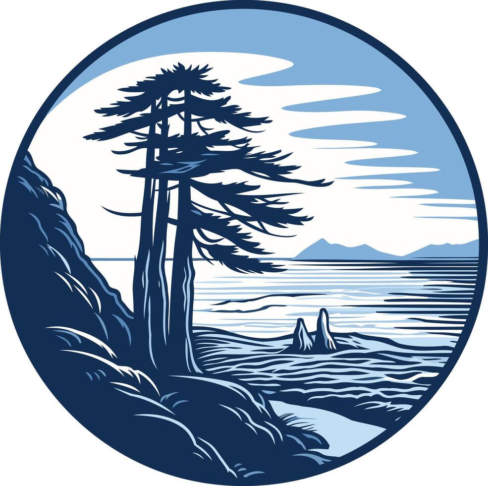 A stylized, blue and white illustration of a coastal scene with a large pine tree, rocky coastline, and ocean vector