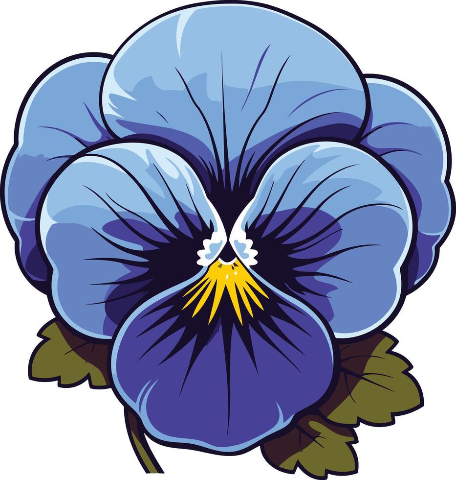 A vibrant, cartoon style illustration of a single, blue pansy flower with a yellow center vector