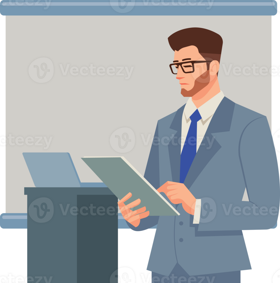Smart young business man hand pointing on document presenting with empty space backdrop screen flat design illustration png