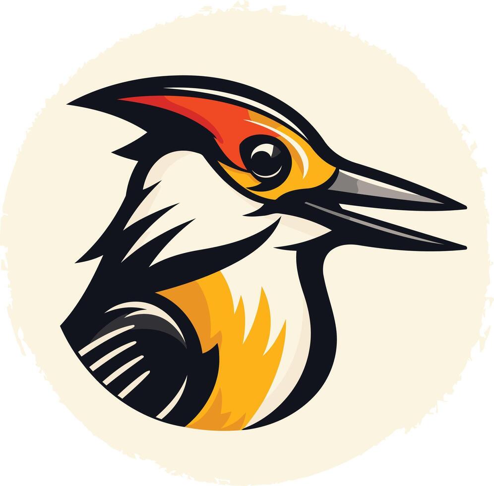 A bold, cartoon style woodpecker logo with a bright color palette and striking details vector