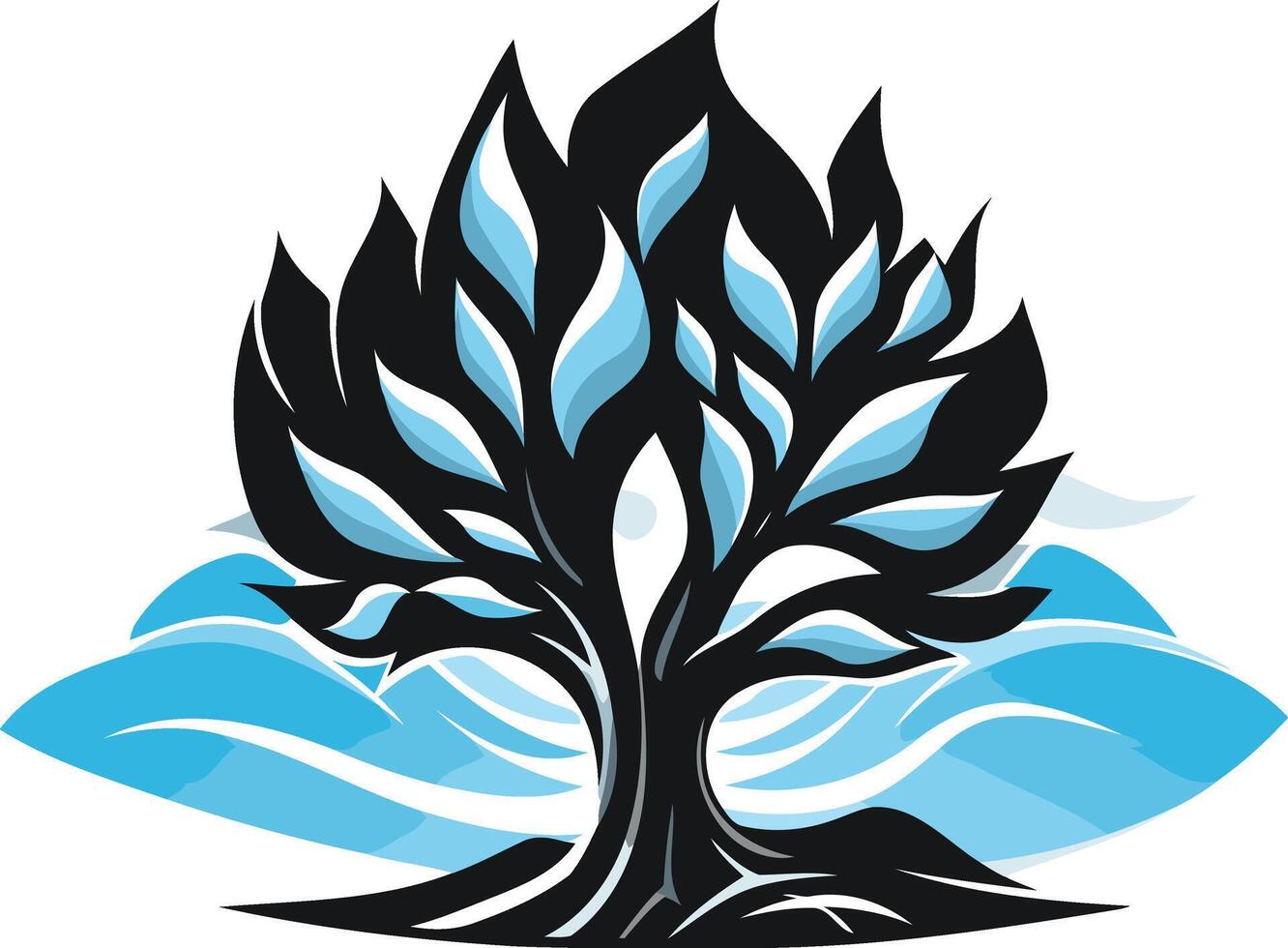 Stylized tree logo with abstract blue waves, perfect for nature inspired branding, environmental organizations, or eco conscious businesses vector