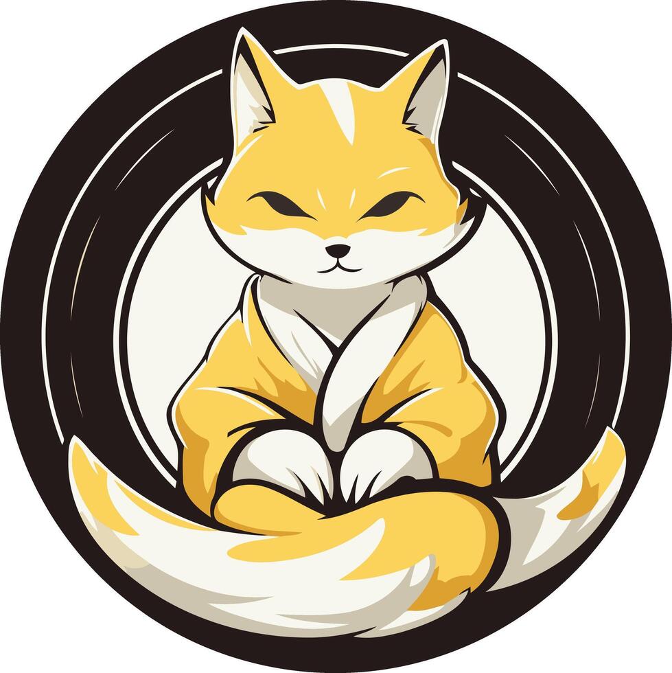 A cute, cartoon fox sits in a meditative pose, surrounded by a black vinyl record vector