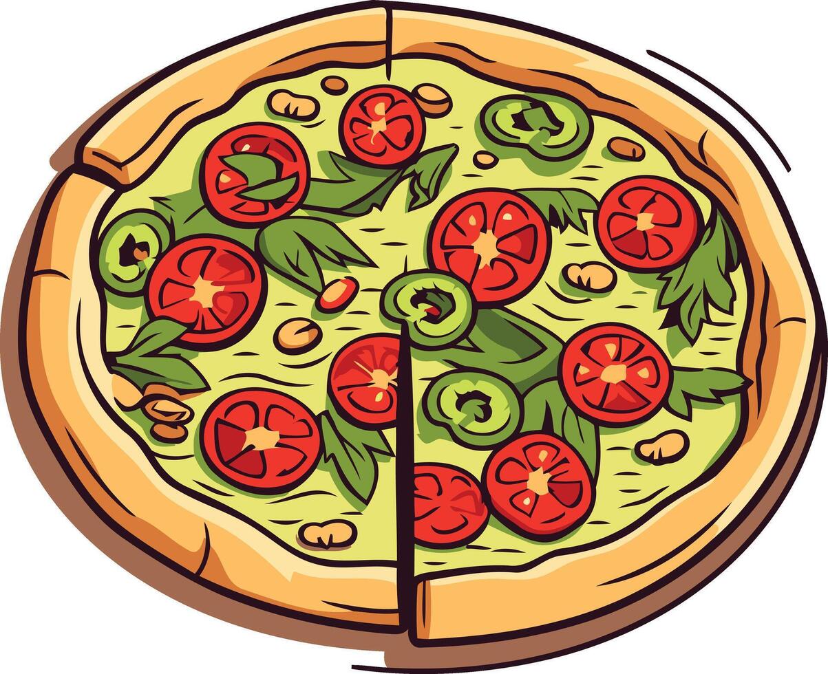 Cartoon illustration of a delicious pizza with various toppings like tomatoes, green peppers, and a green sauce vector