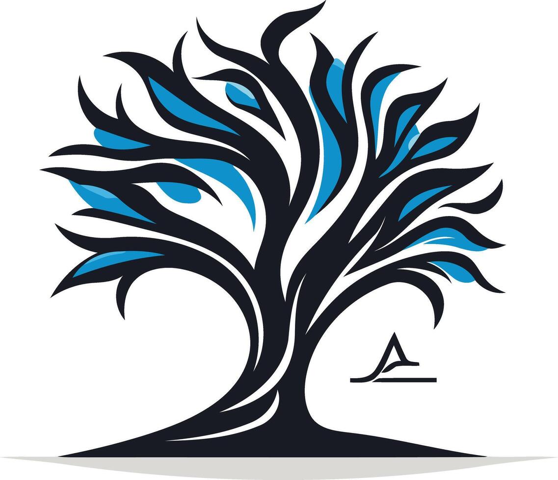 Abstract stylized tree logo design with black branches and blue accents vector