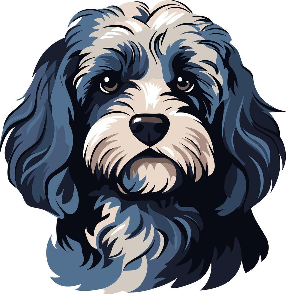 A charming illustration of a fluffy, blue and white doodle dog with big, expressive eyes vector