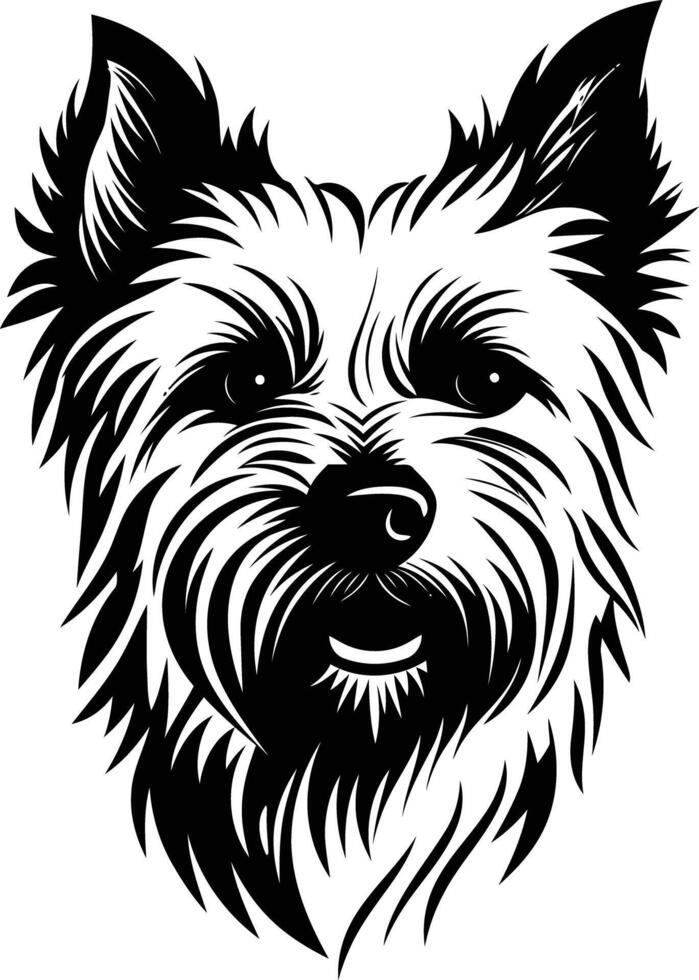 A striking black and white portrait of a yorkshire terrier, featuring detailed fur and a friendly expression vector