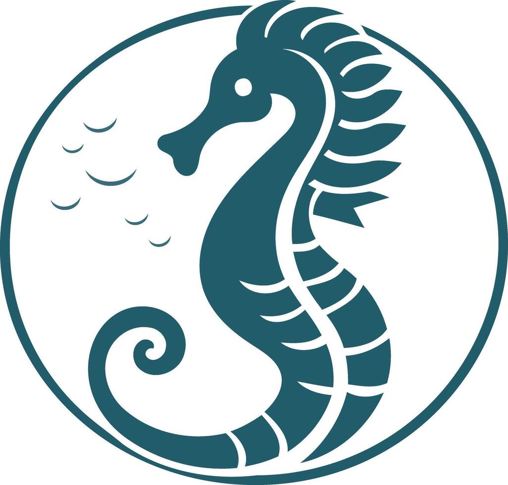 A simple, elegant, and stylized teal blue seahorse logo design within a circular frame vector
