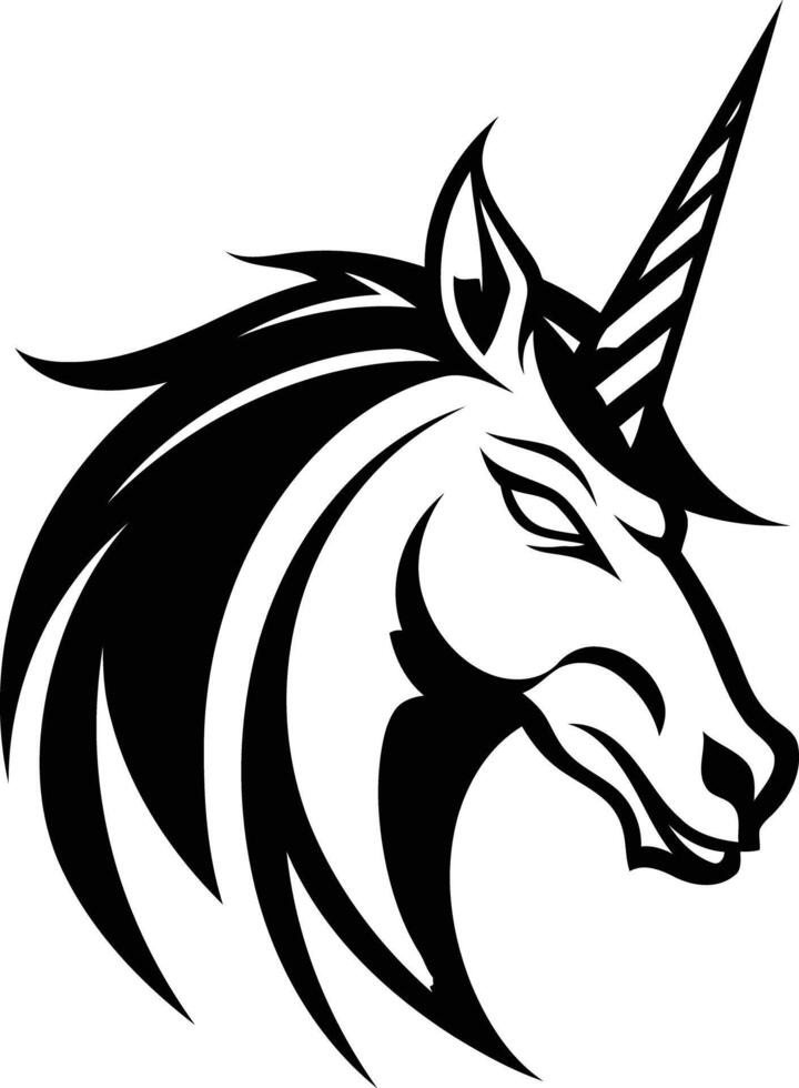 Fierce and stylized black and white unicorn head, perfect for logo design, branding, or tattoo inspiration vector