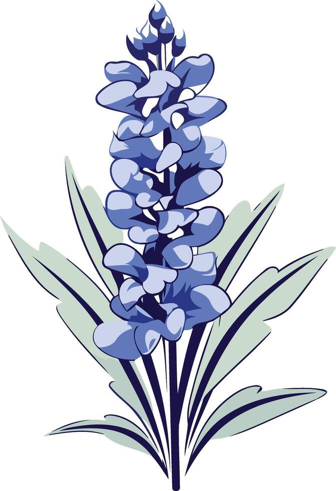 A stylized illustration of a blue lupine flower, perfect for floral designs, nature themed projects, and spring inspired graphics vector