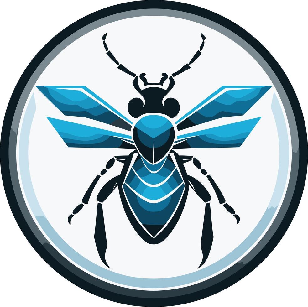 A stylized, abstract insect logo, featuring a blue and black wasp like creature with a bold, graphic design vector