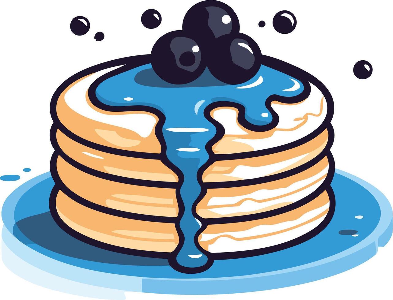 A cartoon illustration of a stack of delicious pancakes topped with blueberries and dripping with blue syrup vector