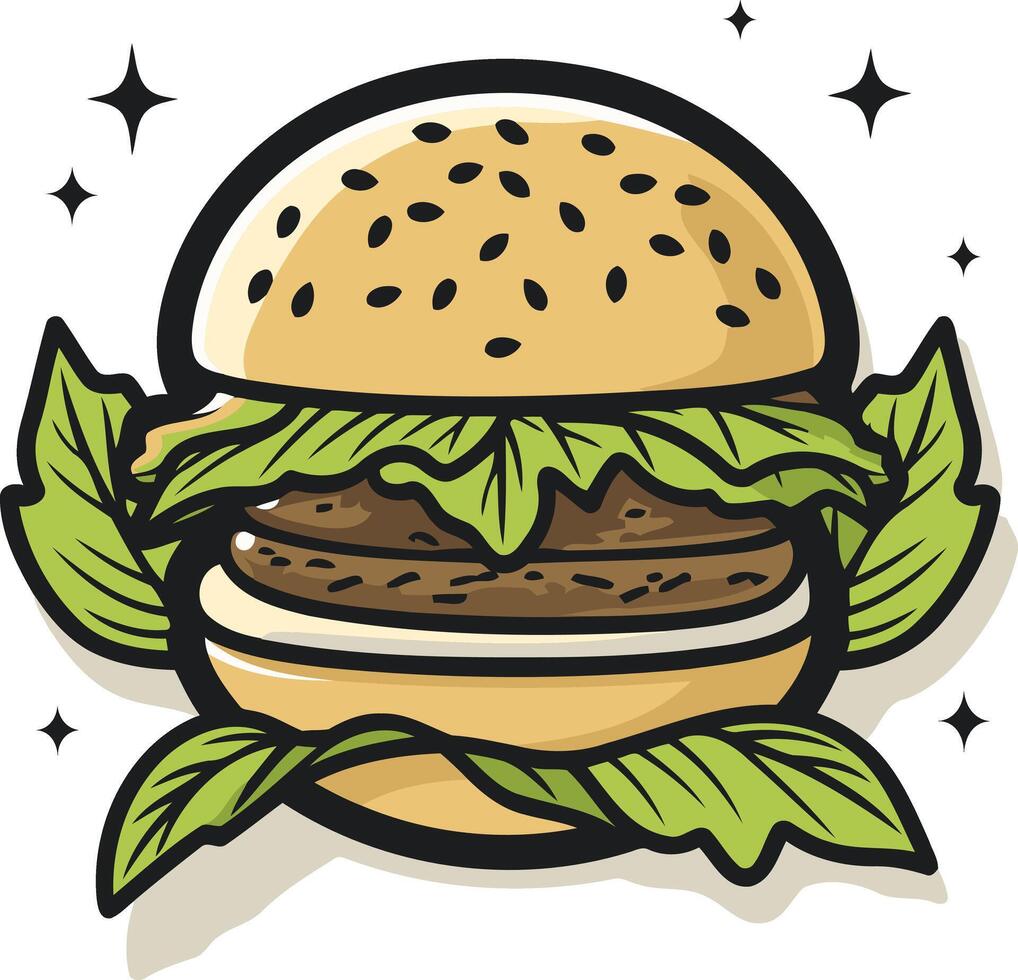A cartoon burger with a sesame seed bun, lettuce, and a juicy patty, adorned with green leaves for a fun, vibrant feel vector