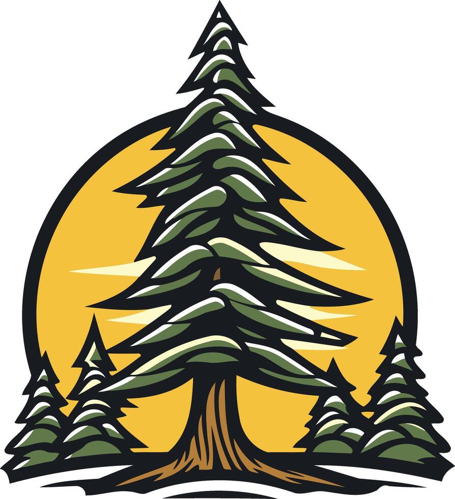 A stylized evergreen tree silhouette against a sunset, perfect for nature themed logos, branding, and outdoor products vector