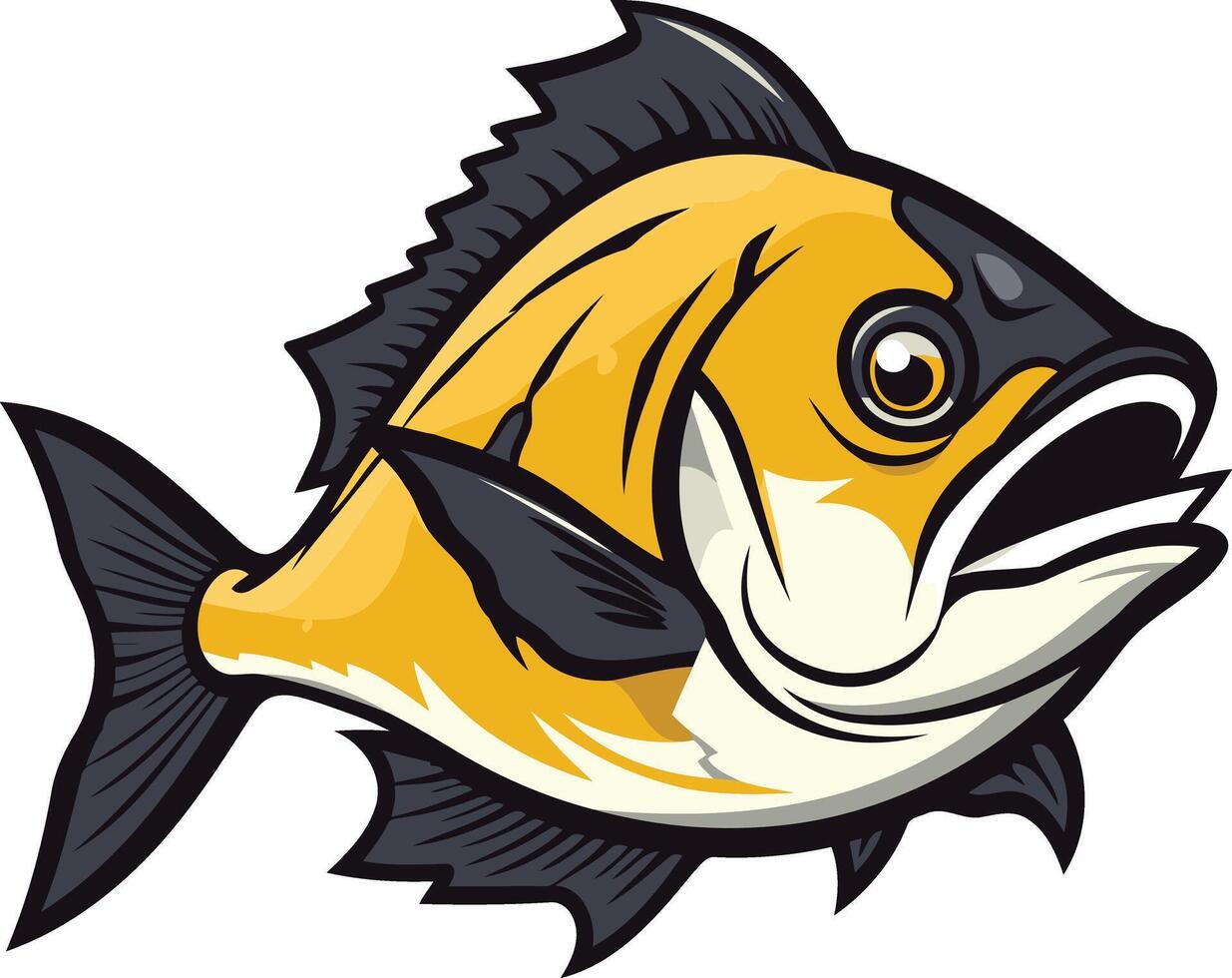 A bold and vibrant cartoon illustration of a fish with a fierce expression, perfect for logos, branding, and sports graphics vector