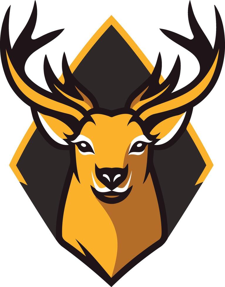 A bold and striking logo featuring a stylized deer head with large antlers, set against a diamond shaped background vector