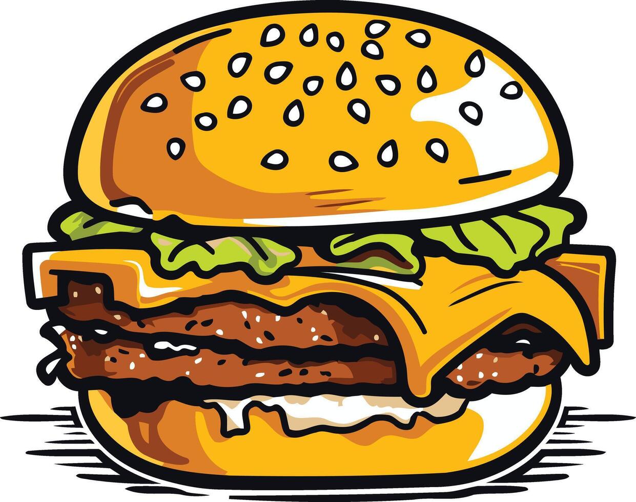 A delicious cartoon illustration of a double cheeseburger with melted cheese, lettuce, and sesame seed bun vector