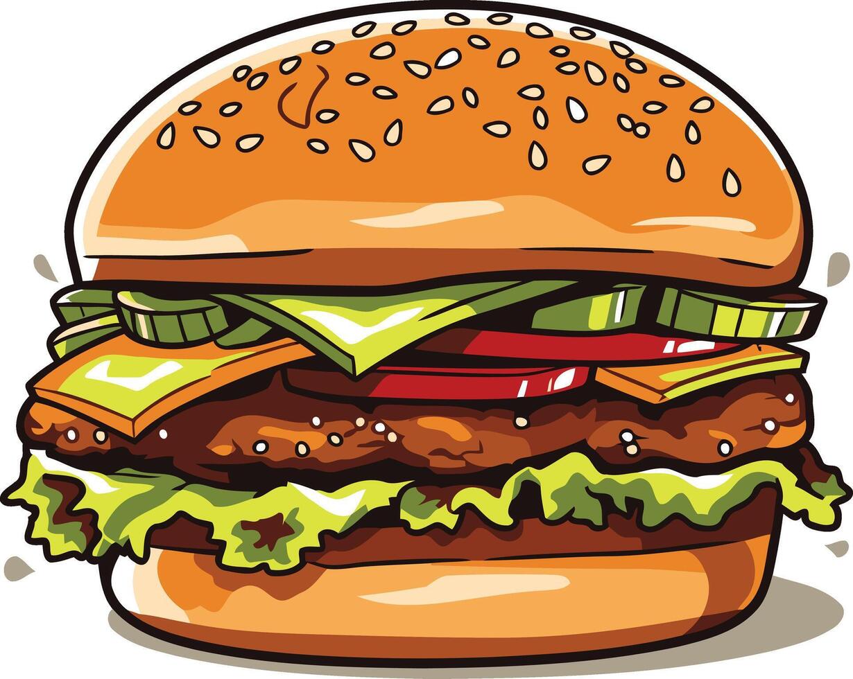 A juicy, cartoon style hamburger with all the fixings vector