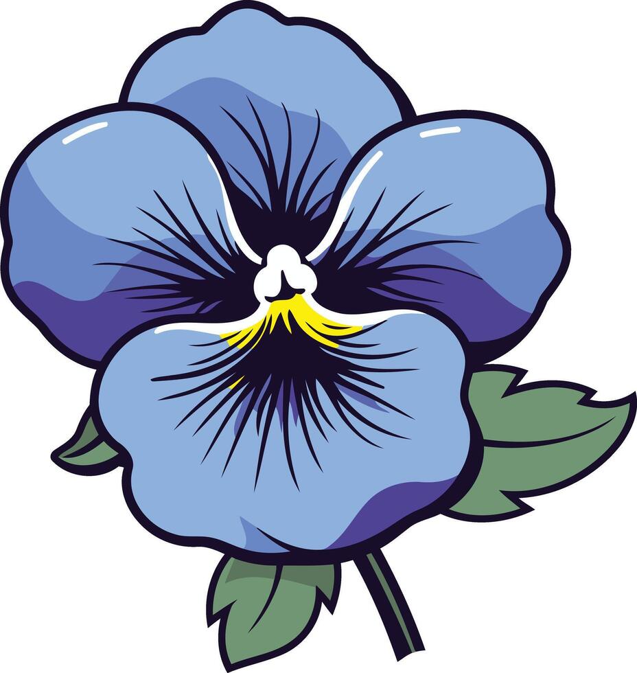 A cheerful, cartoon style illustration of a blue pansy flower with green leaves vector