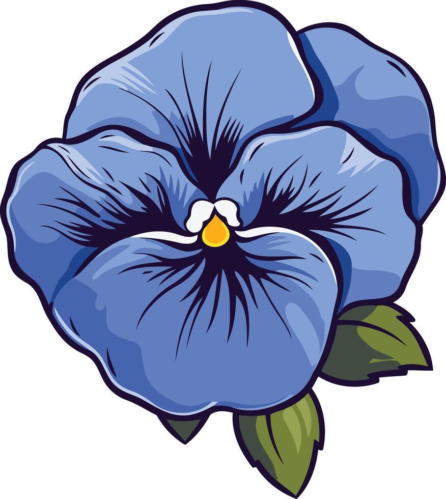 A vibrant, cartoon style illustration of a single blue pansy flower with green leaves vector