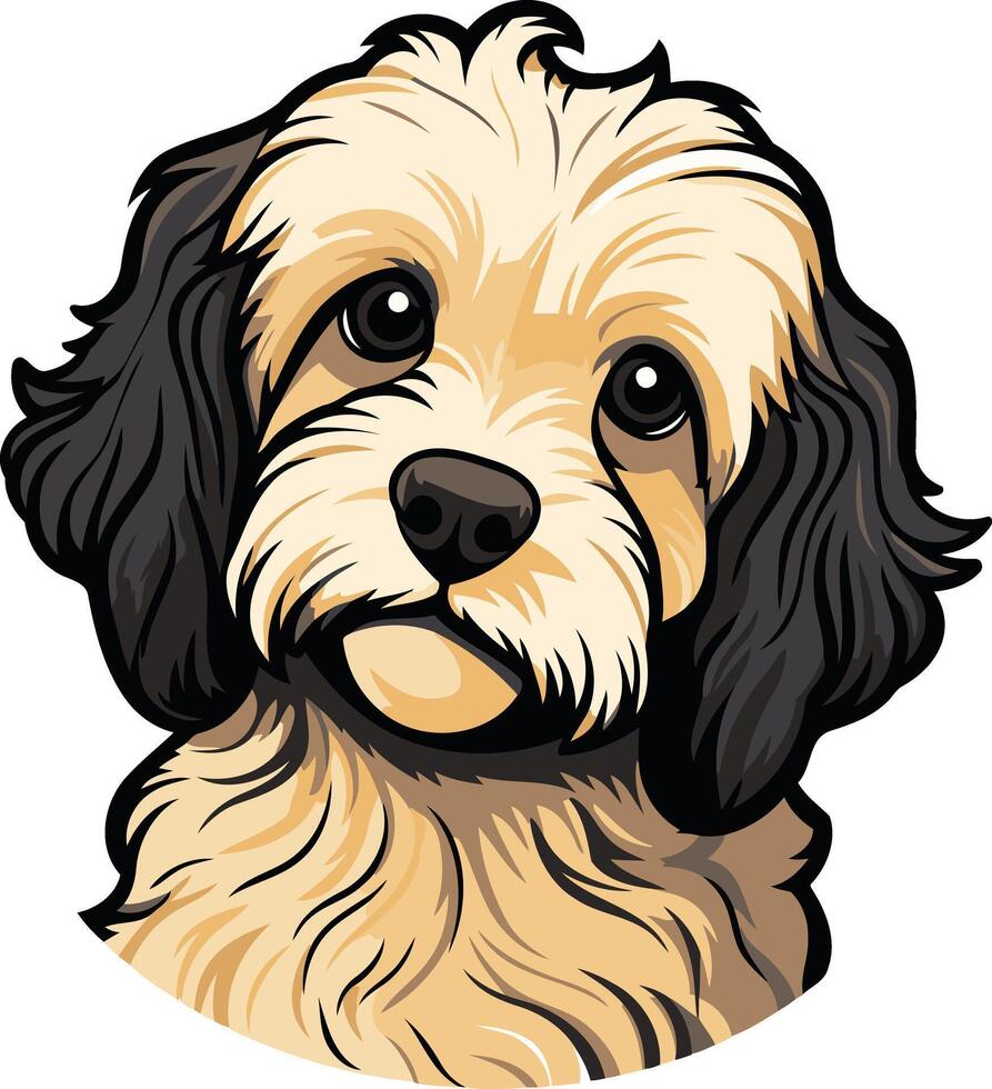 Adorable cartoon illustration of a fluffy, fawn colored puppy with big, expressive eyes vector