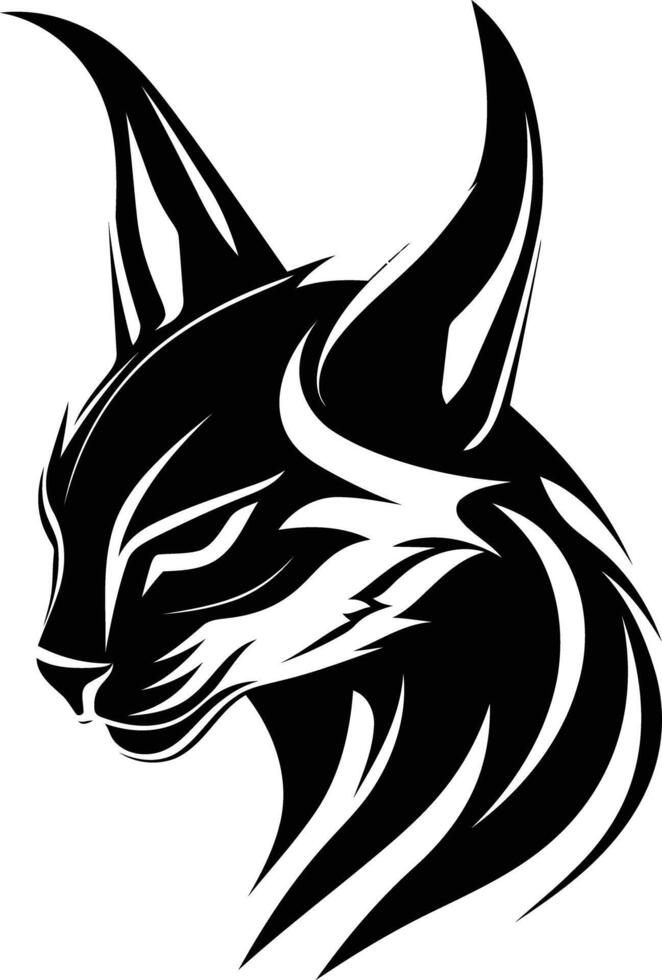 A bold and striking black and white logo design featuring a stylized lynx head with tribal influences vector