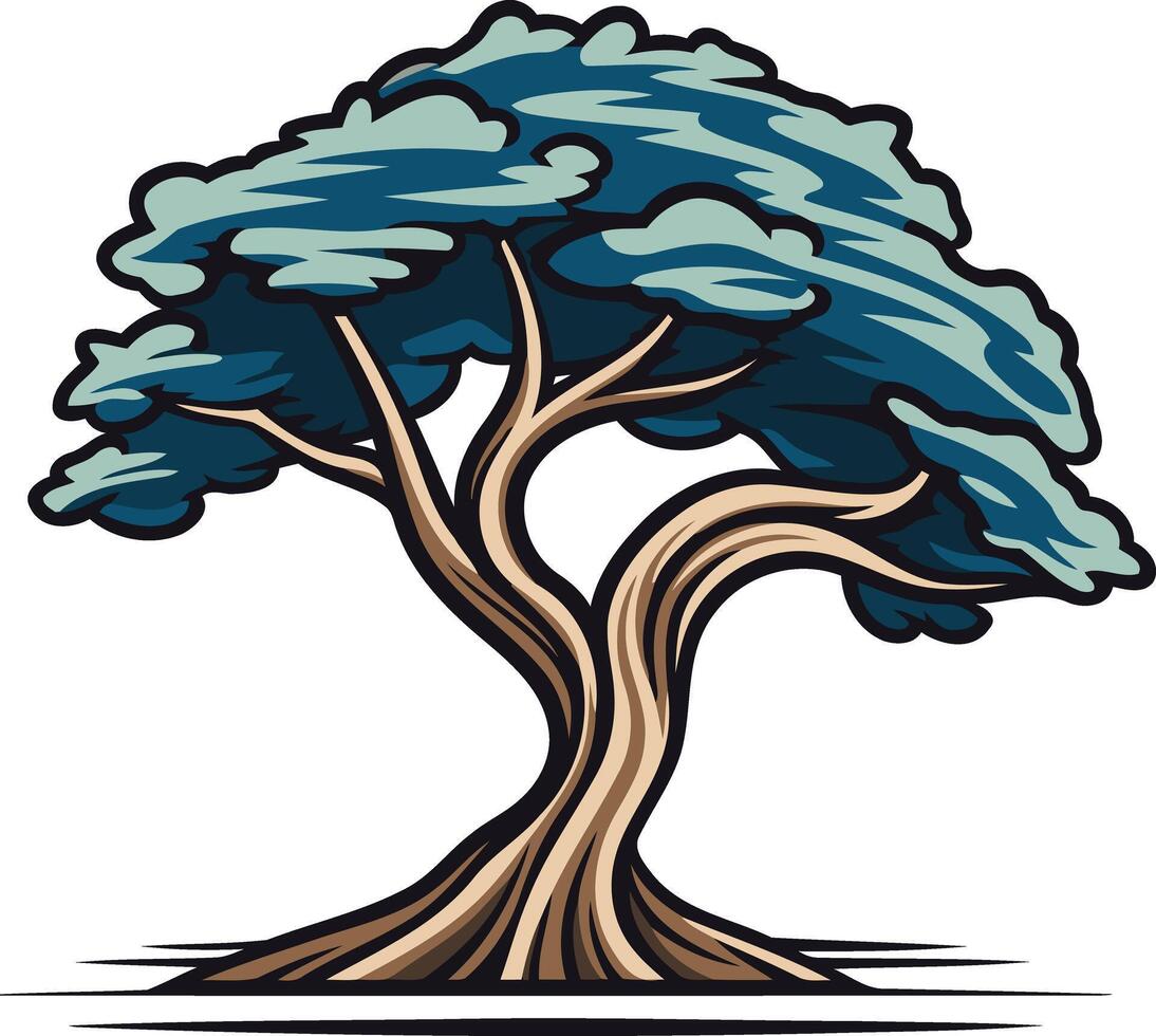 A stylized, cartoon like illustration of a lone tree with blue leaves and a thick, twisted trunk vector