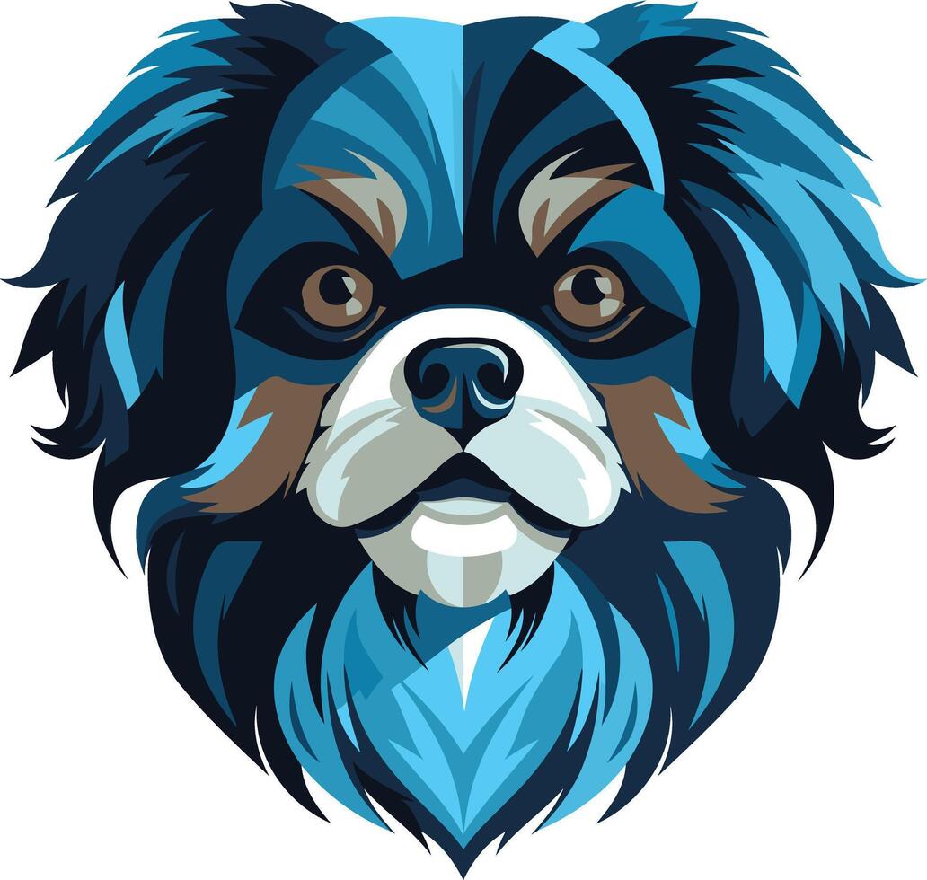 A stylish illustration of a pekingese dog with blue and black fur, looking directly at the viewer with a friendly expression vector