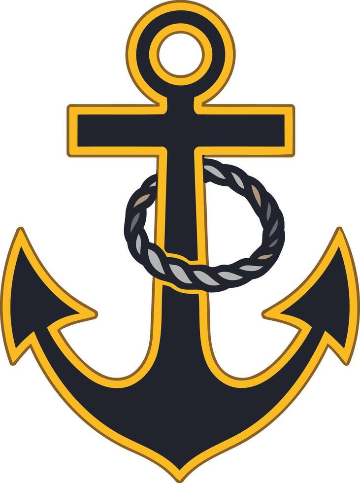A classic anchor design with a yellow outline and a rope wrapped around the top vector