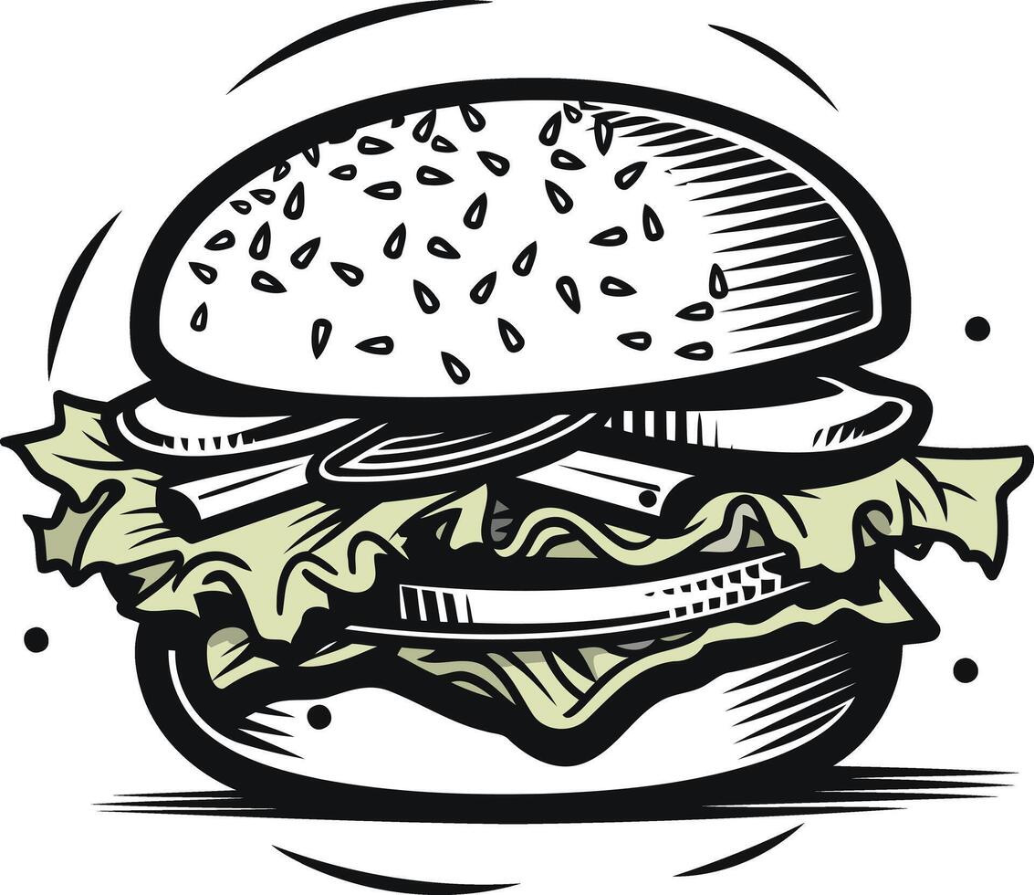 Deliciously drawn burger with sesame seeds, lettuce, and onion vector