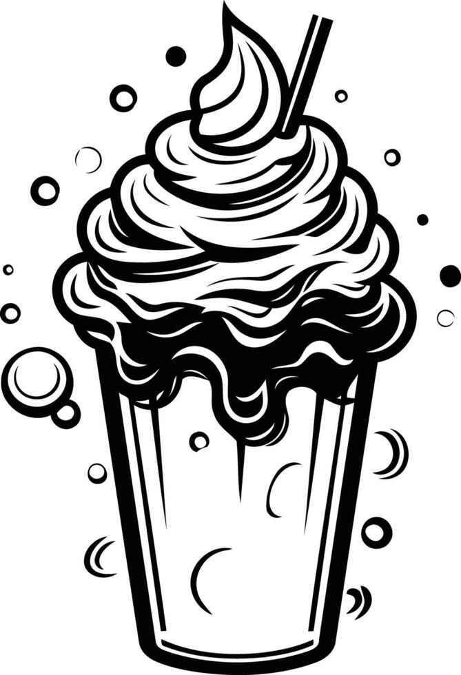 Black and white illustration of a milkshake with whipped cream and a straw vector